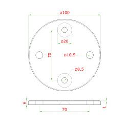 Platňa na bočné kotvenie stĺpu (ø 100x6mm) brúsená nerez K320 /AISI304 Platňa na bočné kotvenie stĺpu (ø 100x6mm) brúsená nerez K320 /AISI304